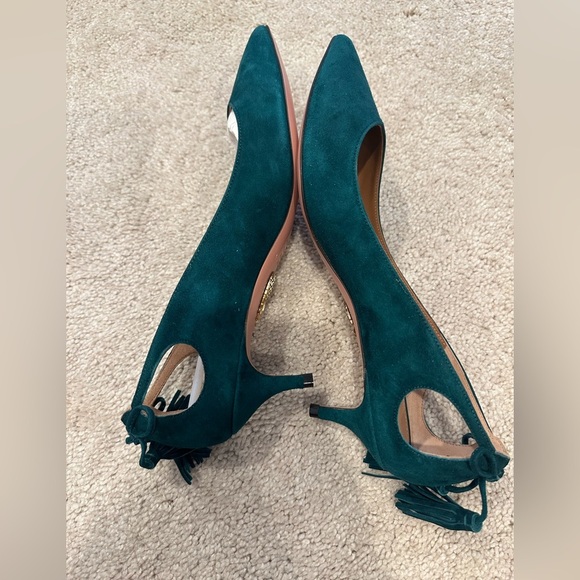 AQUAZZURA Bow Tie fringe kitten heel Pumps Emerald green suede 37 - Picture 4 of 6